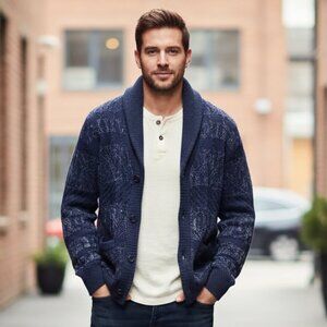 American Eagle Cable Knit Cardigan Mens Size M Shawl Button Pockets Blue